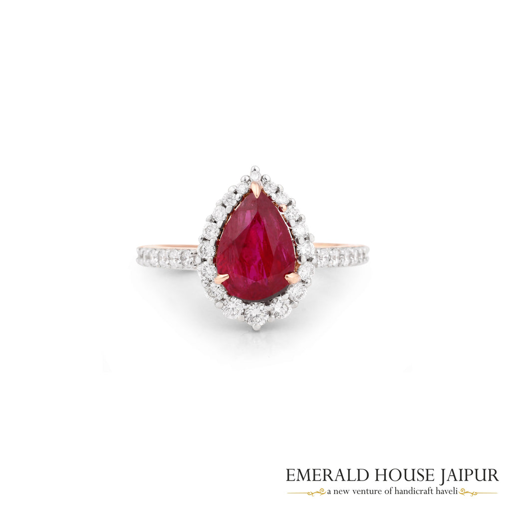 Pear-Cut Mozambique Ruby & Diamond Halo Ring in 18K Rose Gold