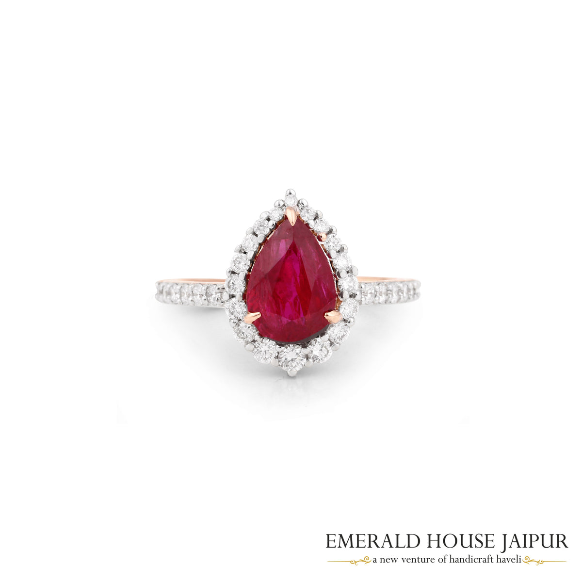 Pear-Cut Mozambique Ruby & Diamond Halo Ring in 18K Rose Gold