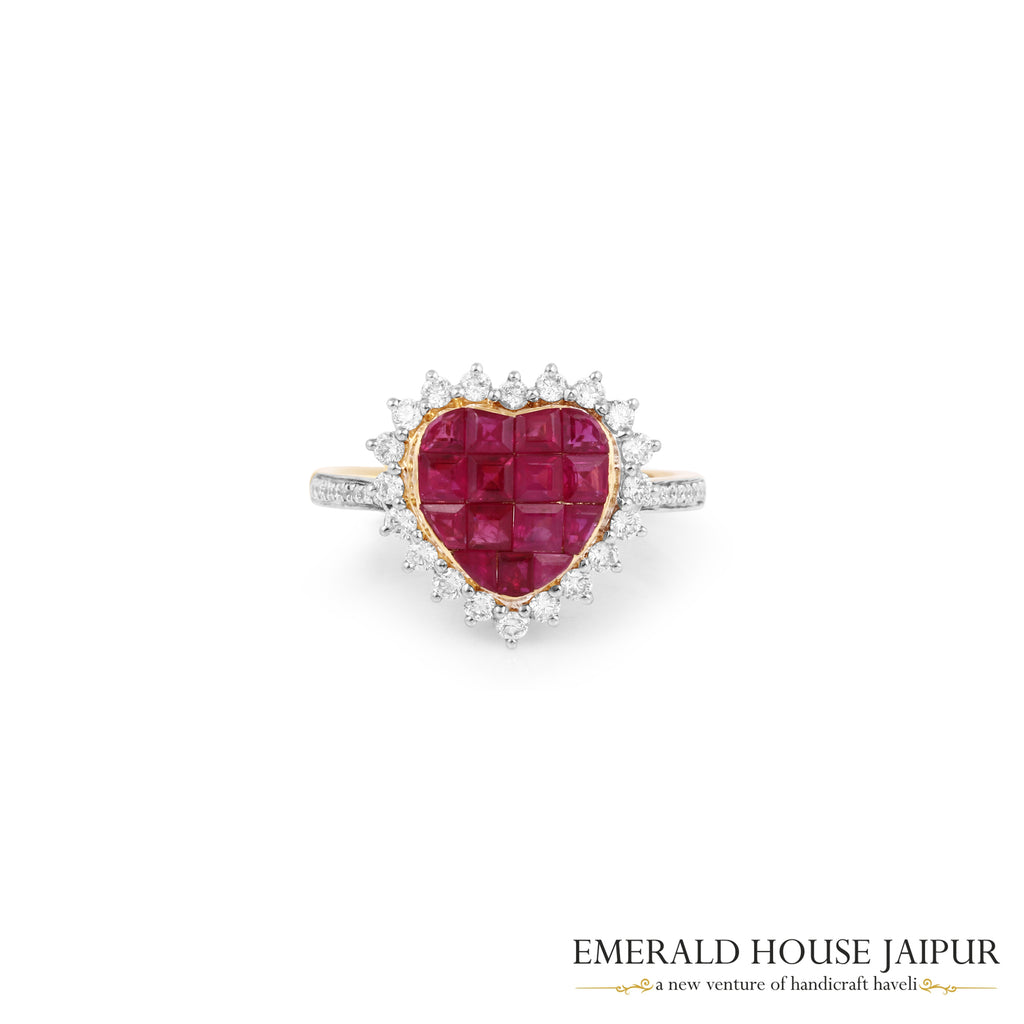 Heart-Cut Mozambique Ruby & Diamond Halo Ring in 18K Yellow Gold