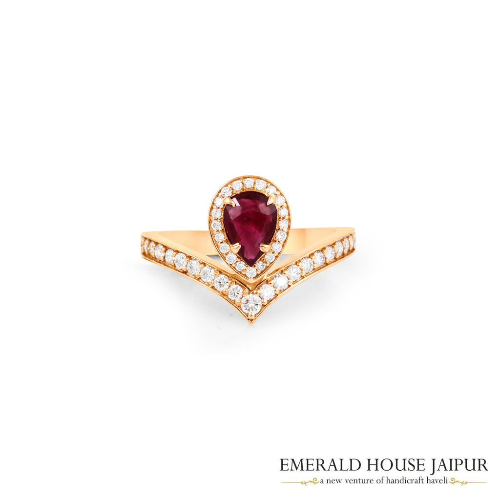 Pear-Cut Ruby & Round Brilliant-Cut Diamond V-Shaped Ring in 18K Rose Gold