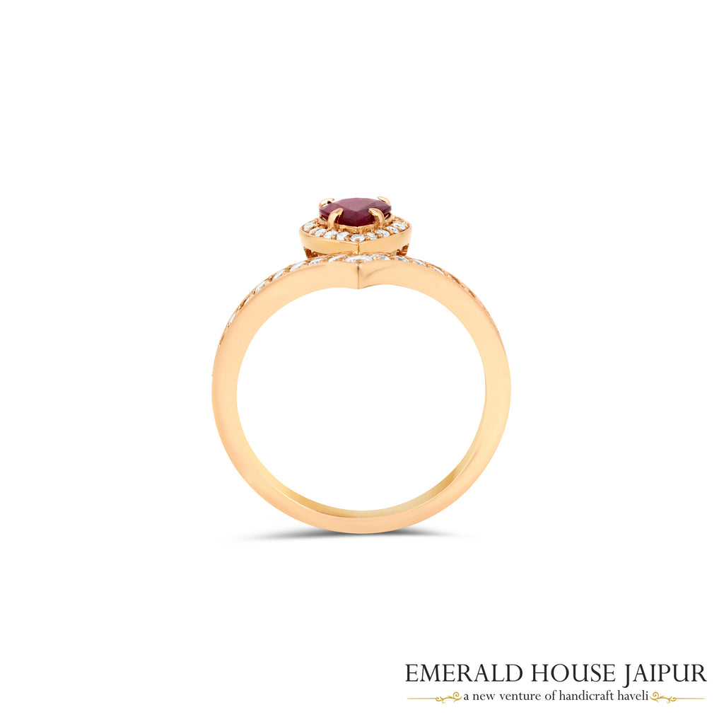 Pear-Cut Ruby & Round Brilliant-Cut Diamond V-Shaped Ring in 18K Rose Gold