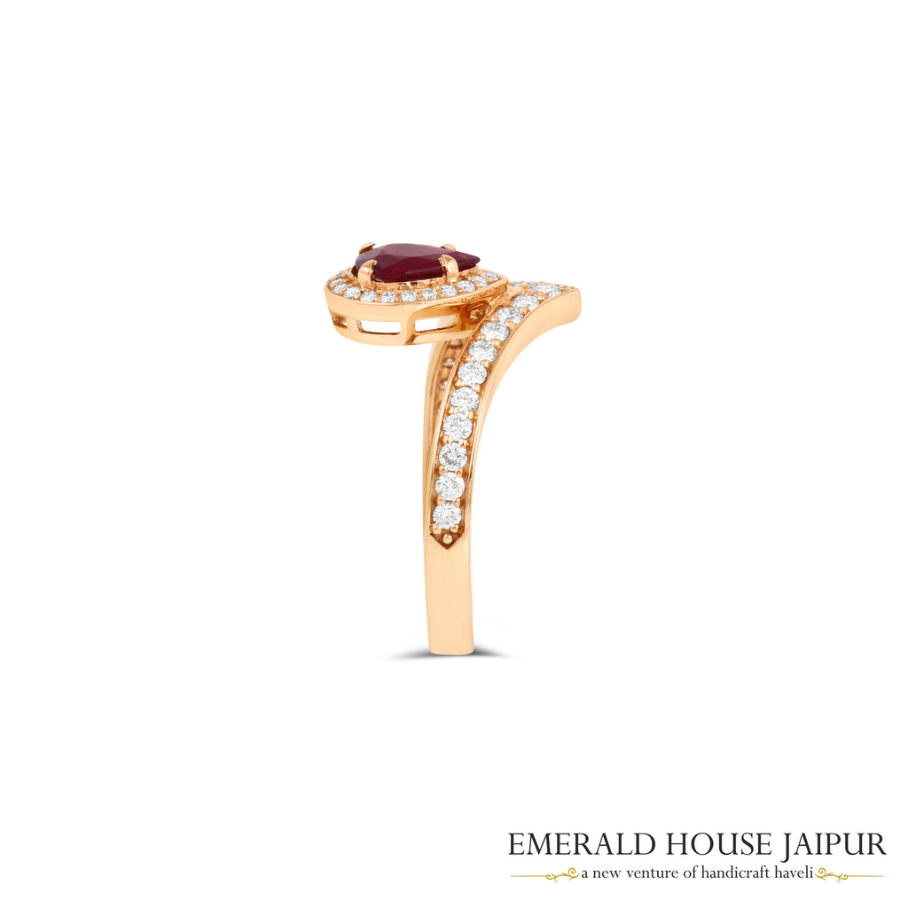 Pear-Cut Ruby & Round Brilliant-Cut Diamond V-Shaped Ring in 18K Rose Gold