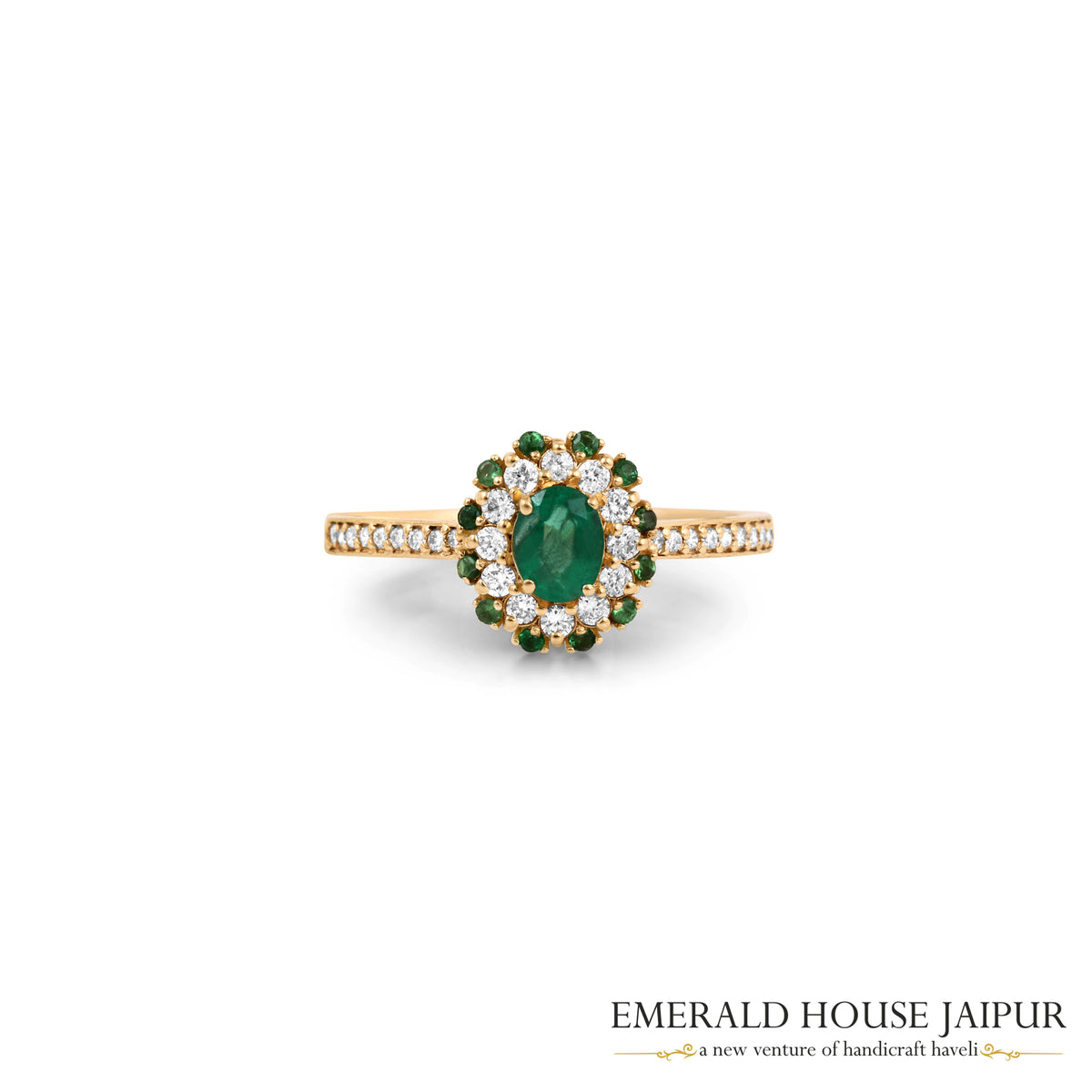 Oval-Cut Emerald & Round-Cut Emerald Floral Halo Ring with Diamonds in 18K Yellow Gold