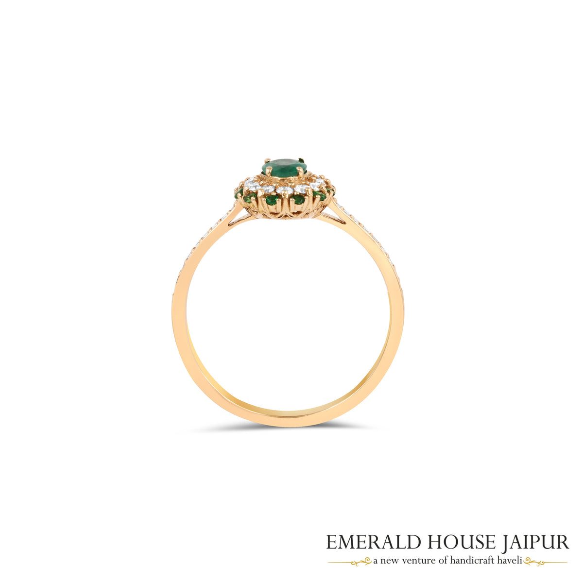 Oval-Cut Emerald & Round-Cut Emerald Floral Halo Ring with Diamonds in 18K Yellow Gold