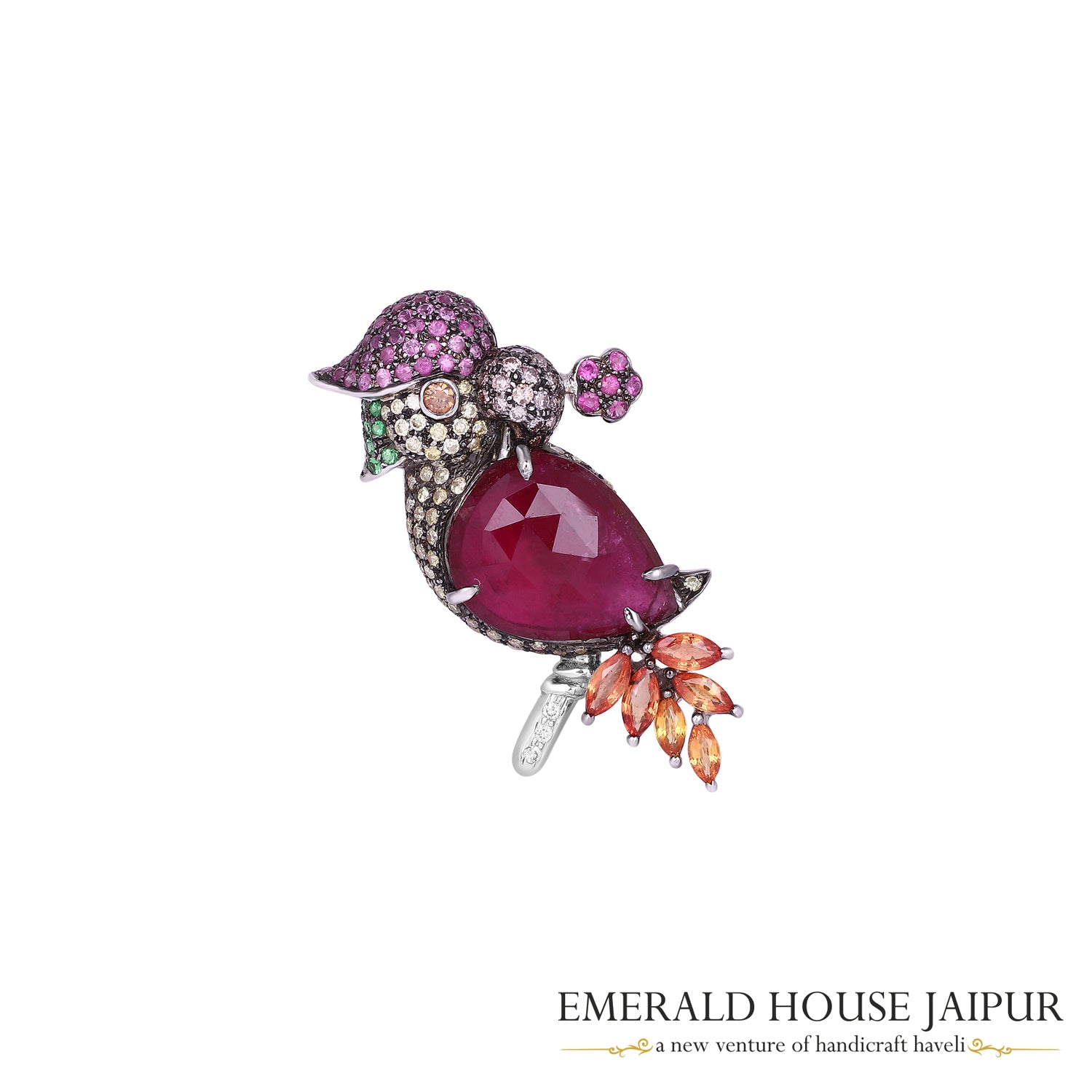 Ruby Bird Brooch with Sapphire Diamond Accents in 18K White Gold