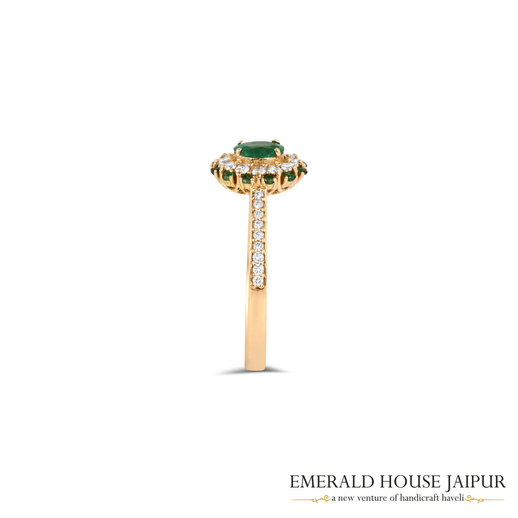 Oval-Cut Emerald & Round-Cut Emerald Floral Halo Ring with Diamonds in 18K Yellow Gold