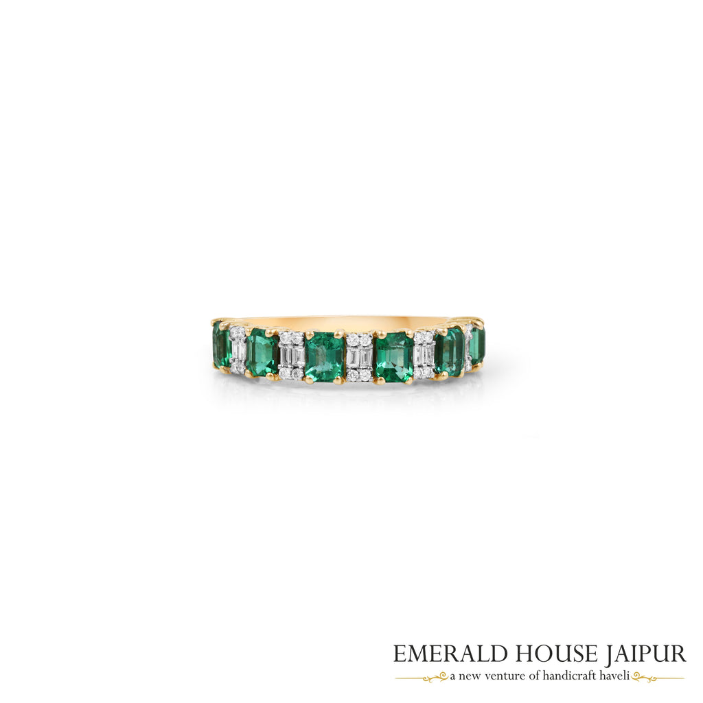 Emerald-Cut Emerald & Baguette-Cut Diamond Alternating Band Ring in 18K Yellow Gold