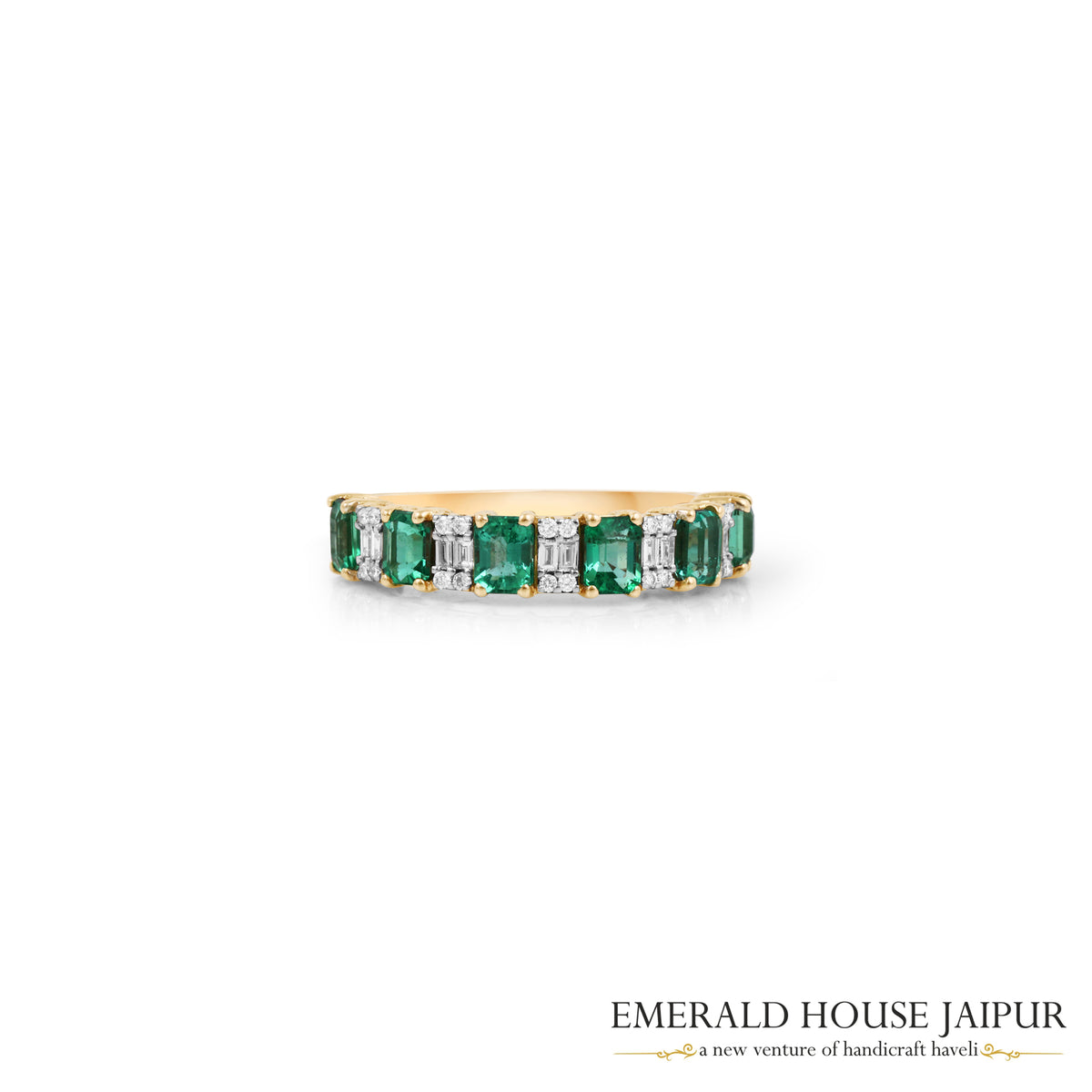 Emerald-Cut Emerald & Baguette-Cut Diamond Alternating Band Ring in 18K Yellow Gold