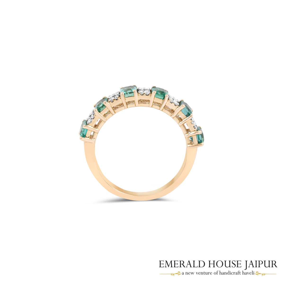 Emerald-Cut Emerald & Baguette-Cut Diamond Alternating Band Ring in 18K Yellow Gold