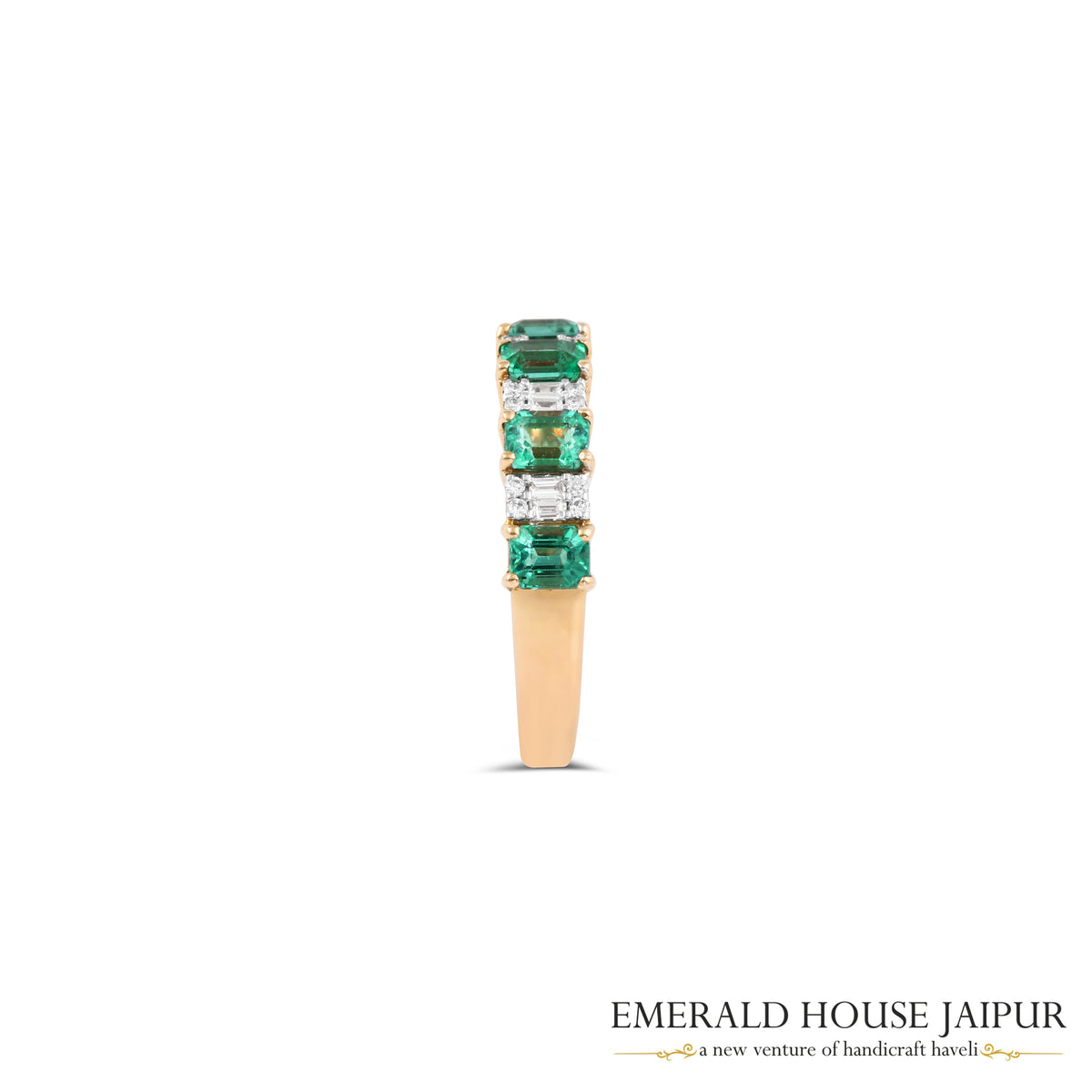 Emerald-Cut Emerald & Baguette-Cut Diamond Alternating Band Ring in 18K Yellow Gold