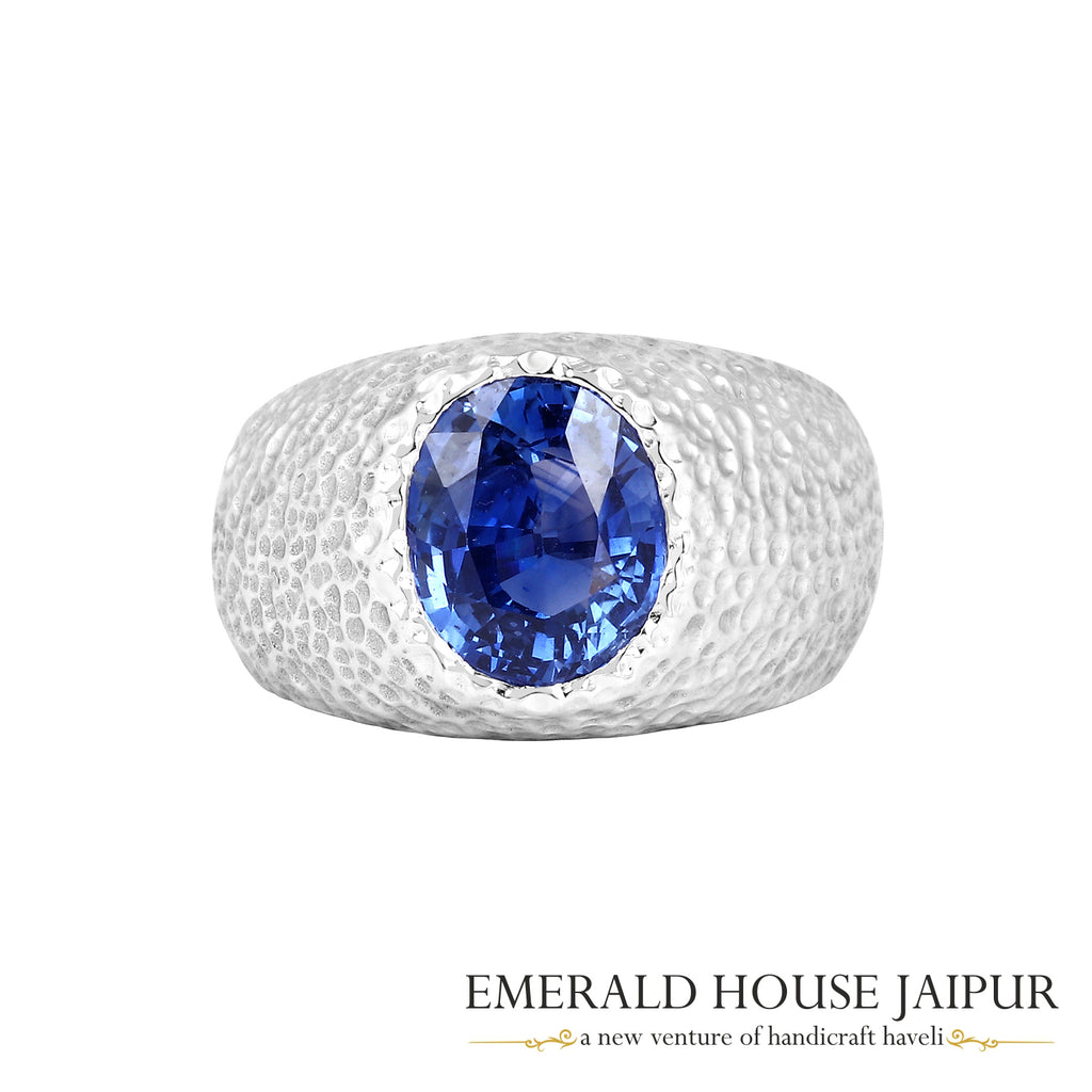 Ceylon Oval Blue Sapphire Ring In 18K Hammered Matte White Gold