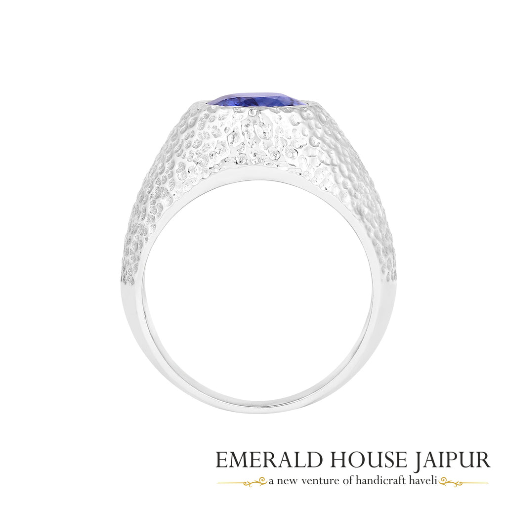 Ceylon Oval Blue Sapphire Ring In 18K Hammered Matte White Gold