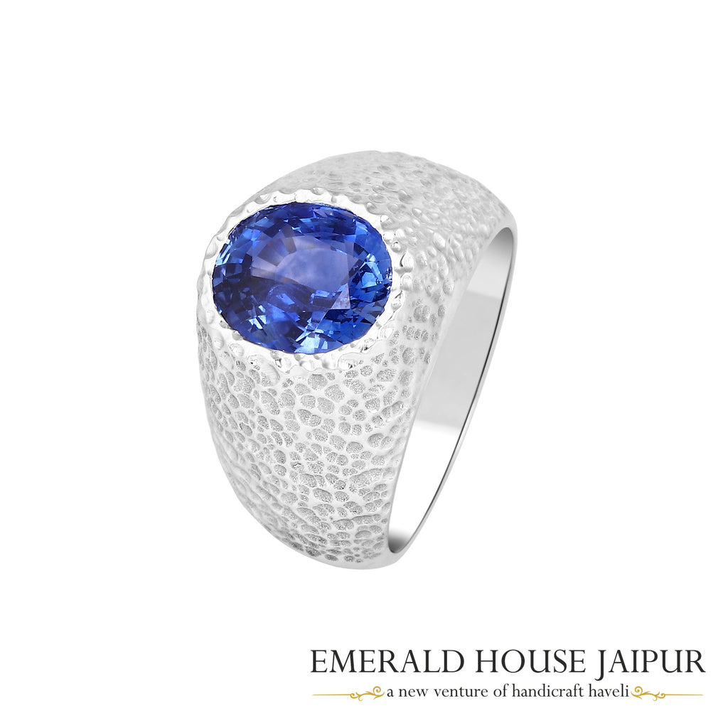 Ceylon Oval Blue Sapphire Ring In 18K Hammered Matte White Gold