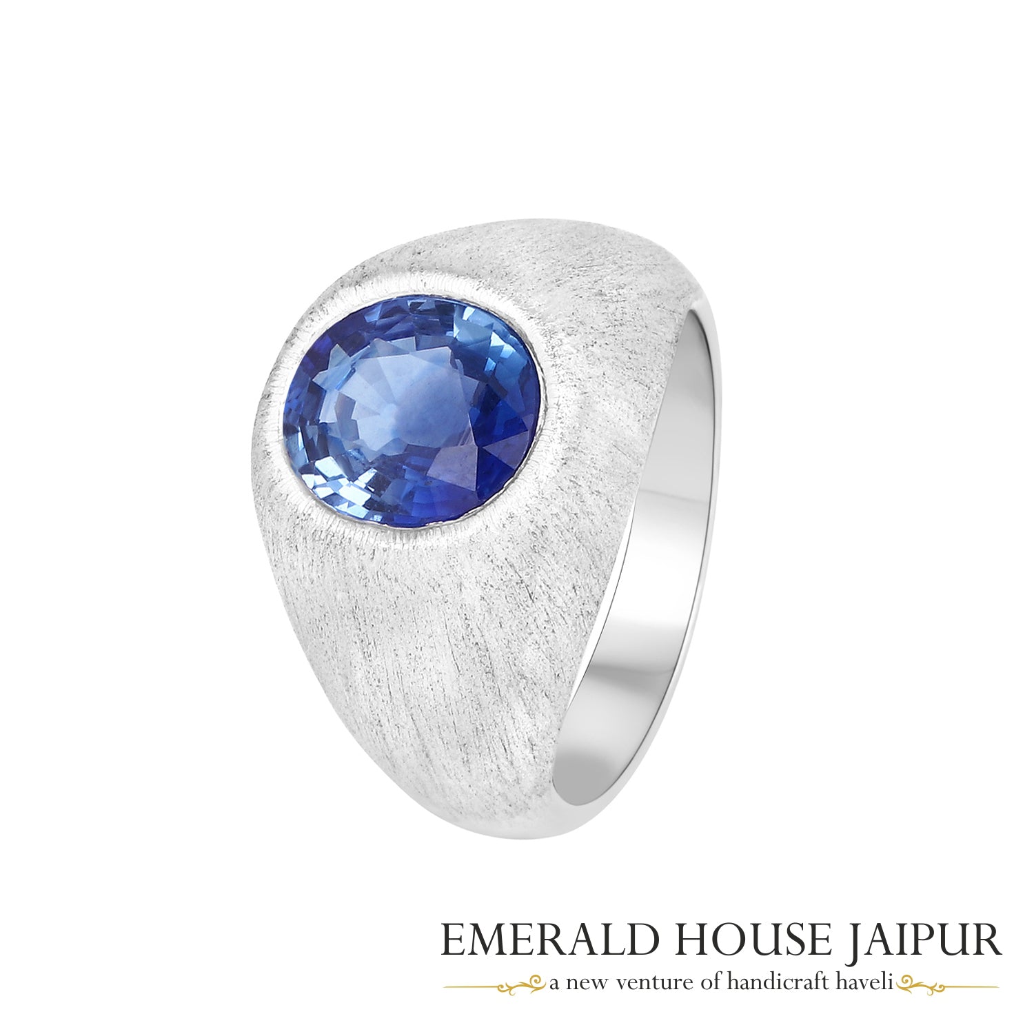 Ceylon Oval Blue Sapphire Ring In 18K Brushed Matte White Gold