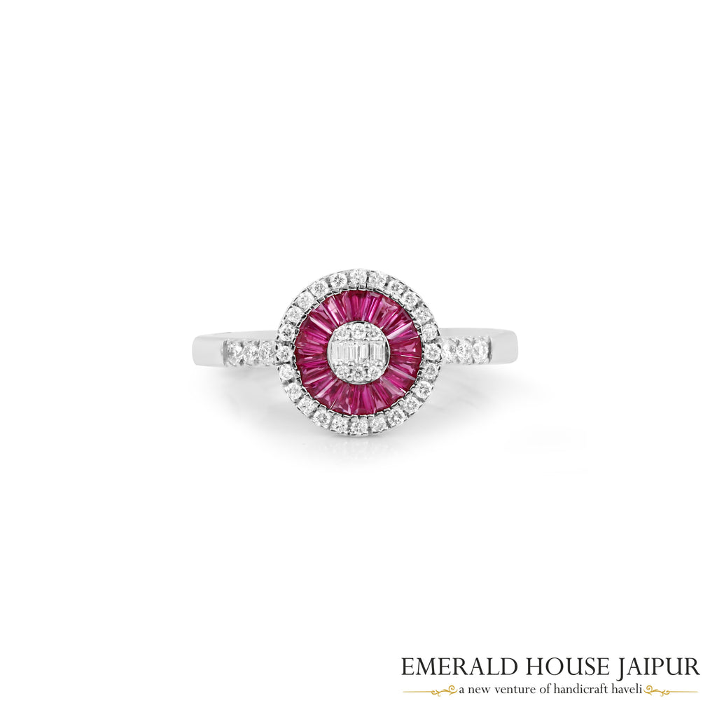 Baguette-Cut Ruby & Round Brilliant-Cut Diamond Circular Halo Ring in 18K White Gold