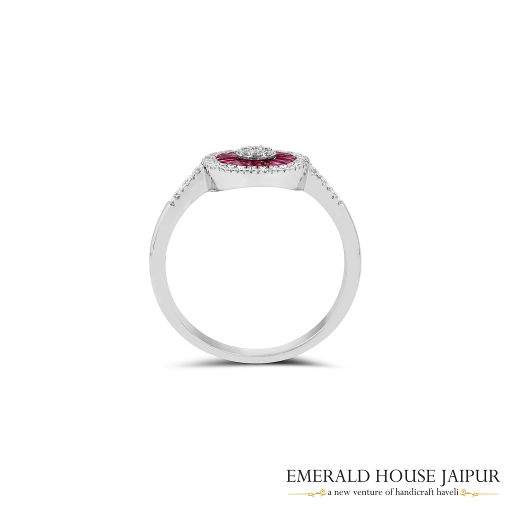 Baguette-Cut Ruby & Round Brilliant-Cut Diamond Circular Halo Ring in 18K White Gold