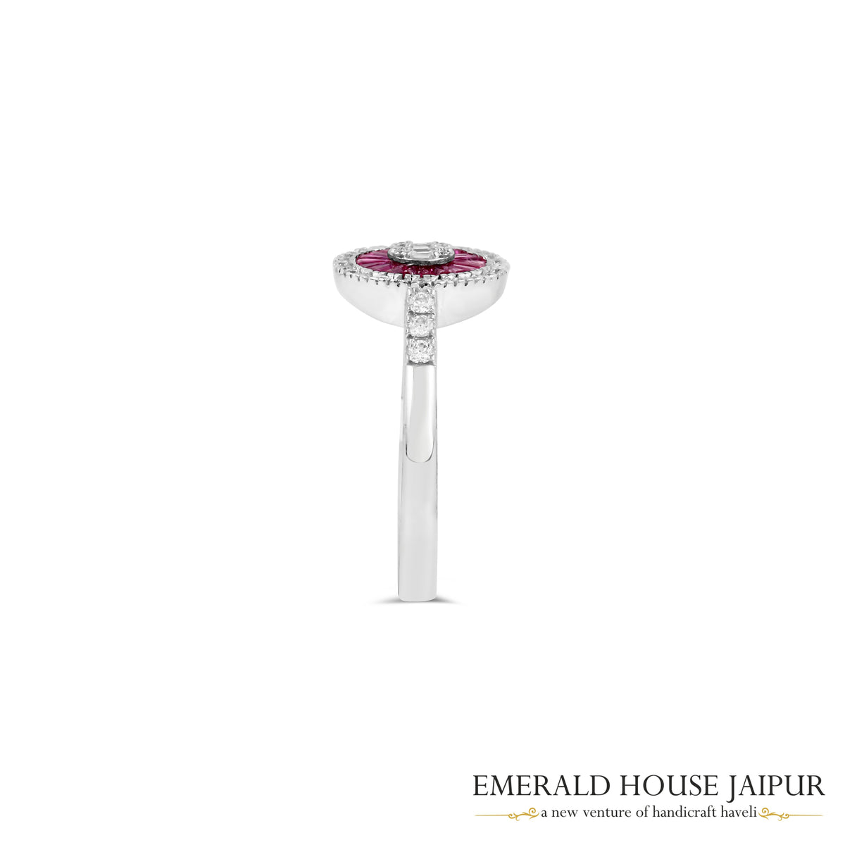 Baguette-Cut Ruby & Round Brilliant-Cut Diamond Circular Halo Ring in 18K White Gold