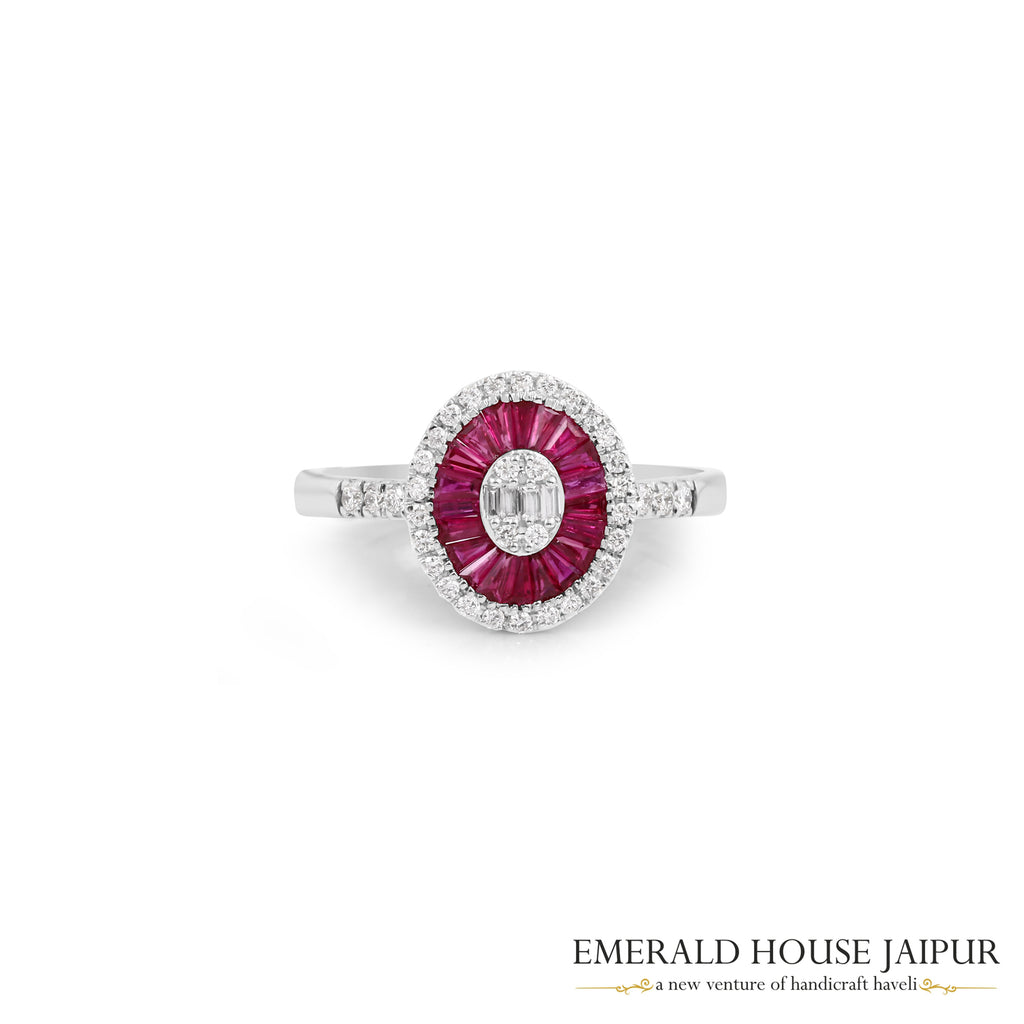 Baguette-Cut Ruby & Baguette-Cut Diamond Oval Halo Ring in 18K White Gold
