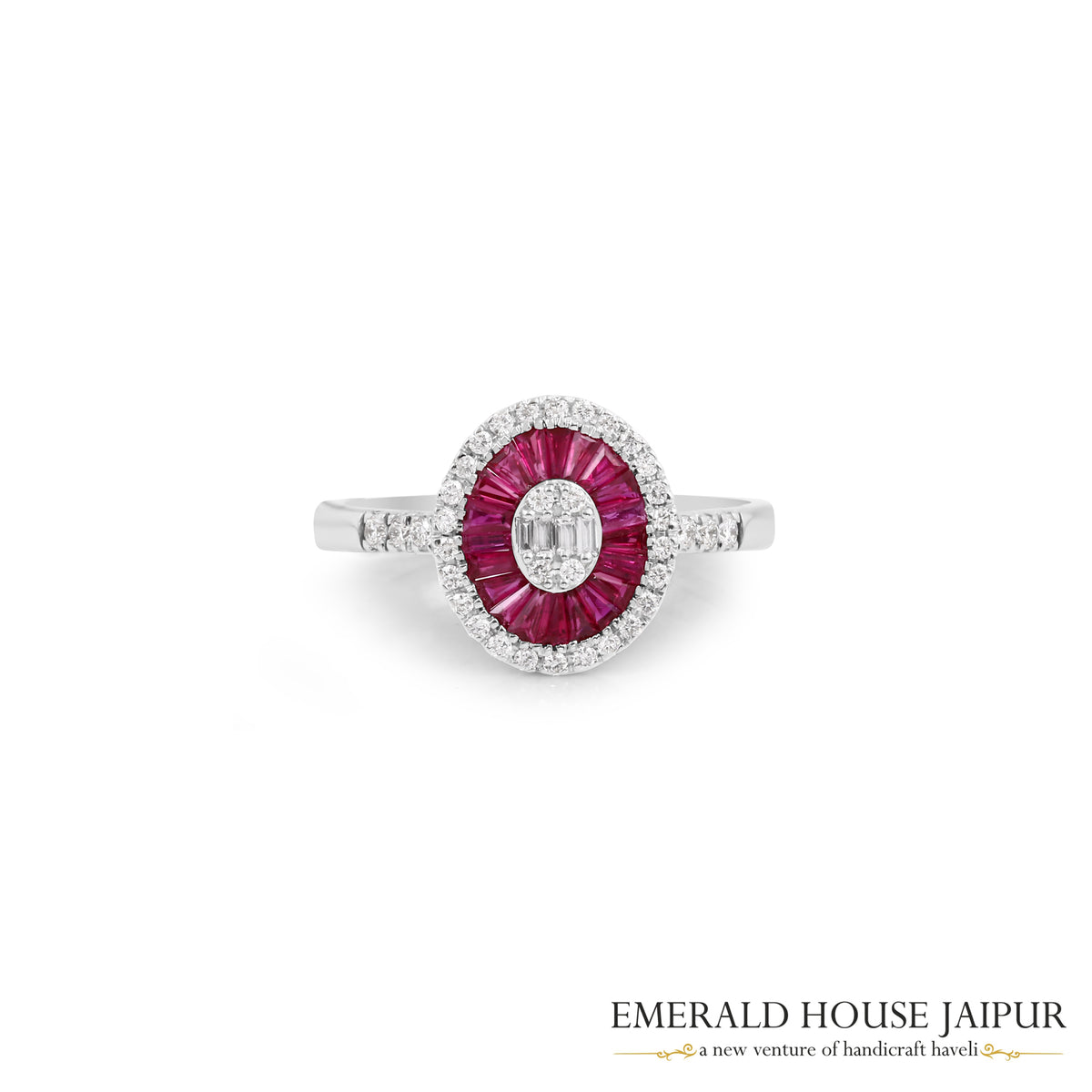 Baguette-Cut Ruby & Baguette-Cut Diamond Oval Halo Ring in 18K White Gold