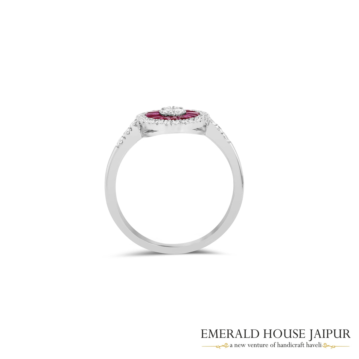 Baguette-Cut Ruby & Baguette-Cut Diamond Oval Halo Ring in 18K White Gold