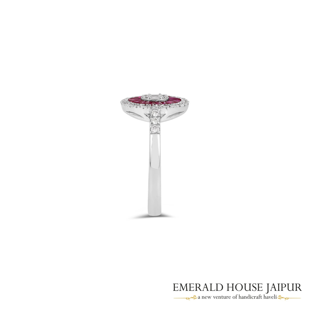 Baguette-Cut Ruby & Baguette-Cut Diamond Oval Halo Ring in 18K White Gold