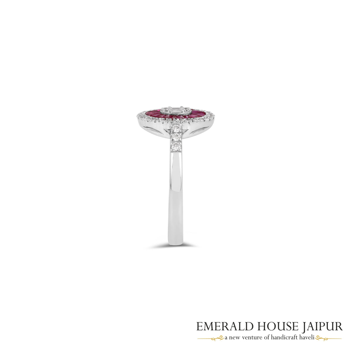 Baguette-Cut Ruby & Baguette-Cut Diamond Oval Halo Ring in 18K White Gold