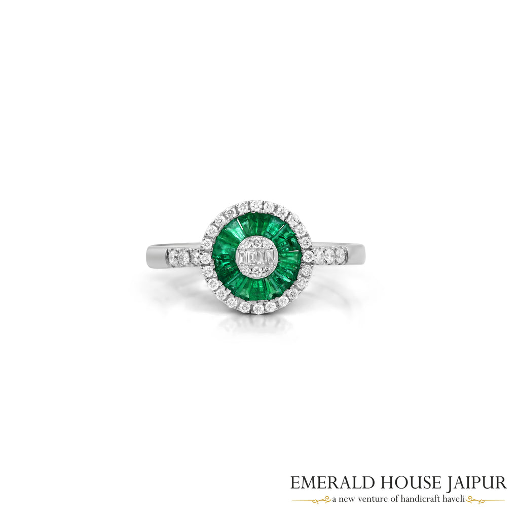 Radiant-Cut Zambian Emerald & Diamond Halo Ring in 18K White Gold