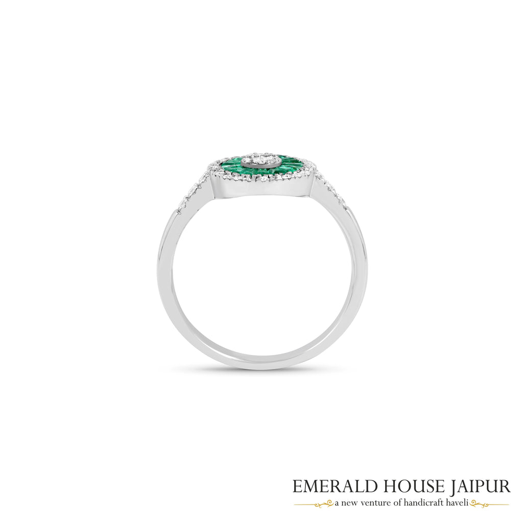 Radiant-Cut Zambian Emerald & Diamond Halo Ring in 18K White Gold