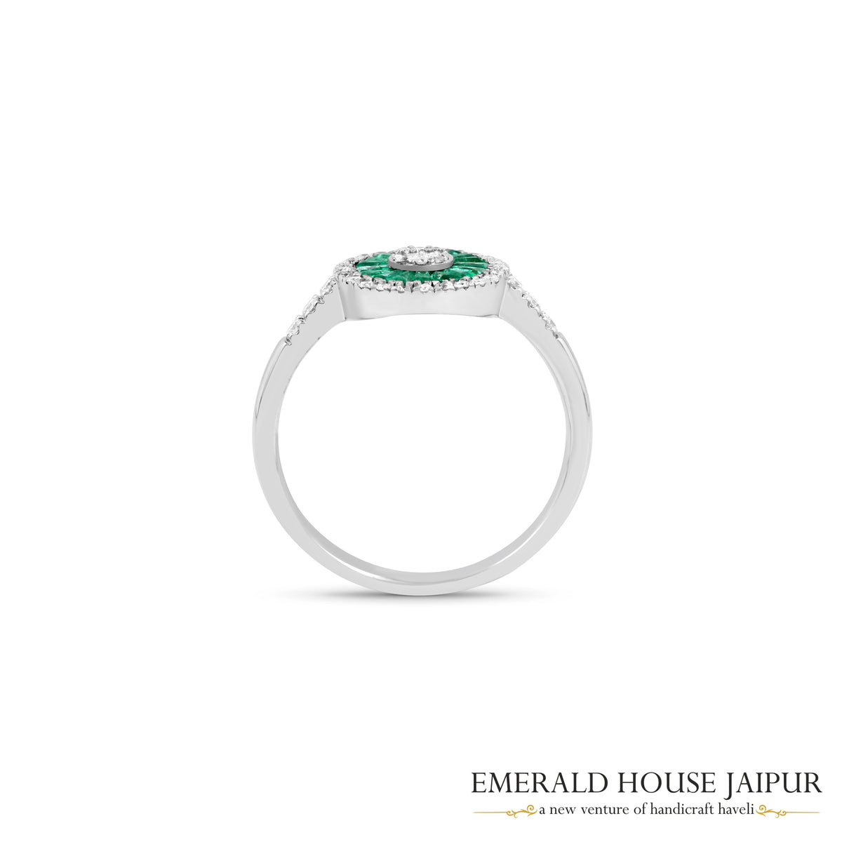 Radiant-Cut Zambian Emerald & Diamond Halo Ring in 18K White Gold