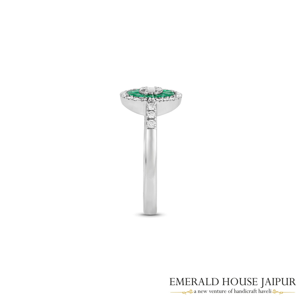 Radiant-Cut Zambian Emerald & Diamond Halo Ring in 18K White Gold