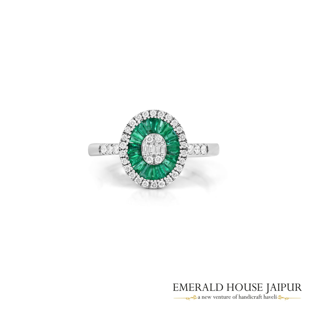 Baguette-Cut Diamond, Zambian Emerald & Round Brilliant-Cut Diamond Halo Ring in 18K White Gold