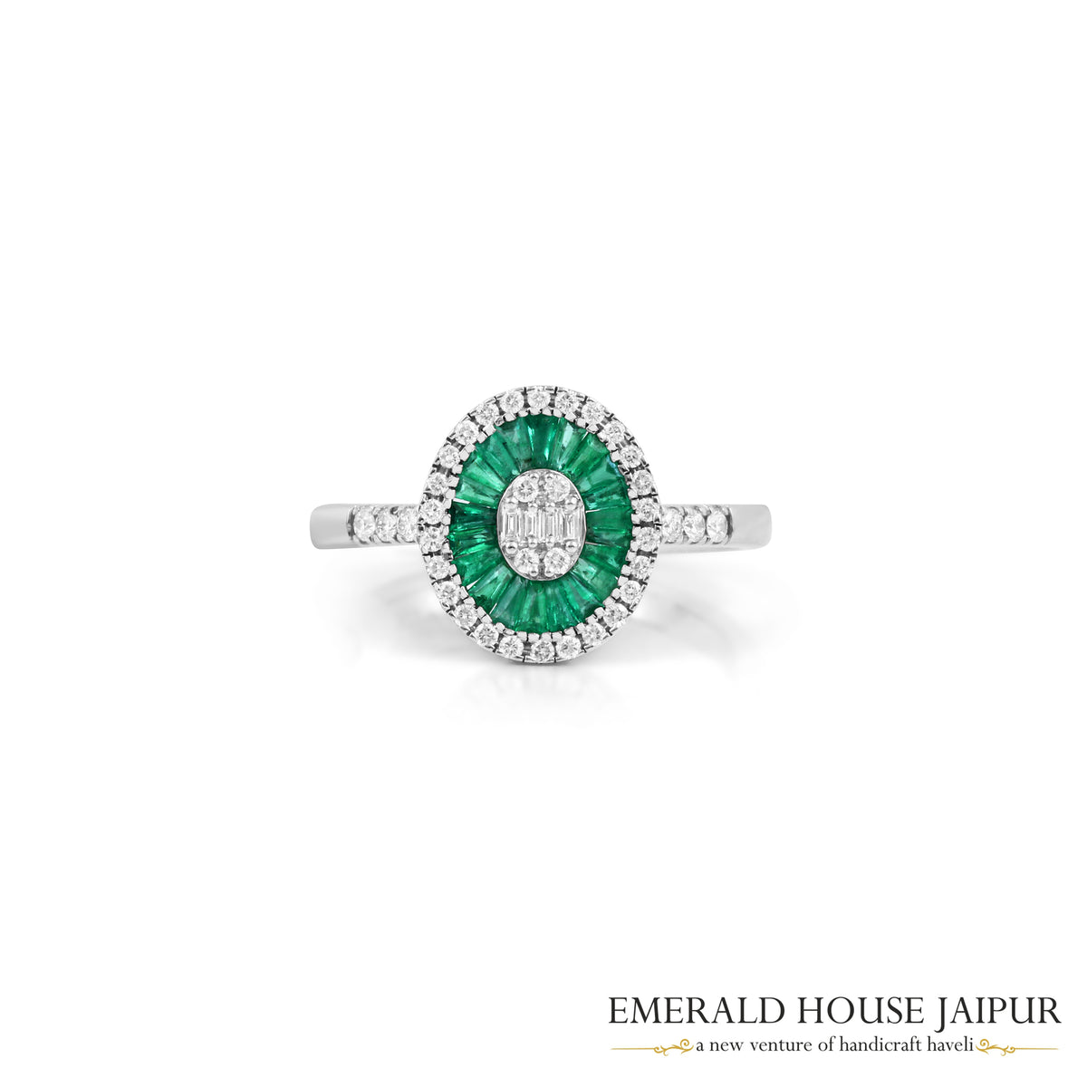 Baguette-Cut Diamond, Zambian Emerald & Round Brilliant-Cut Diamond Halo Ring in 18K White Gold