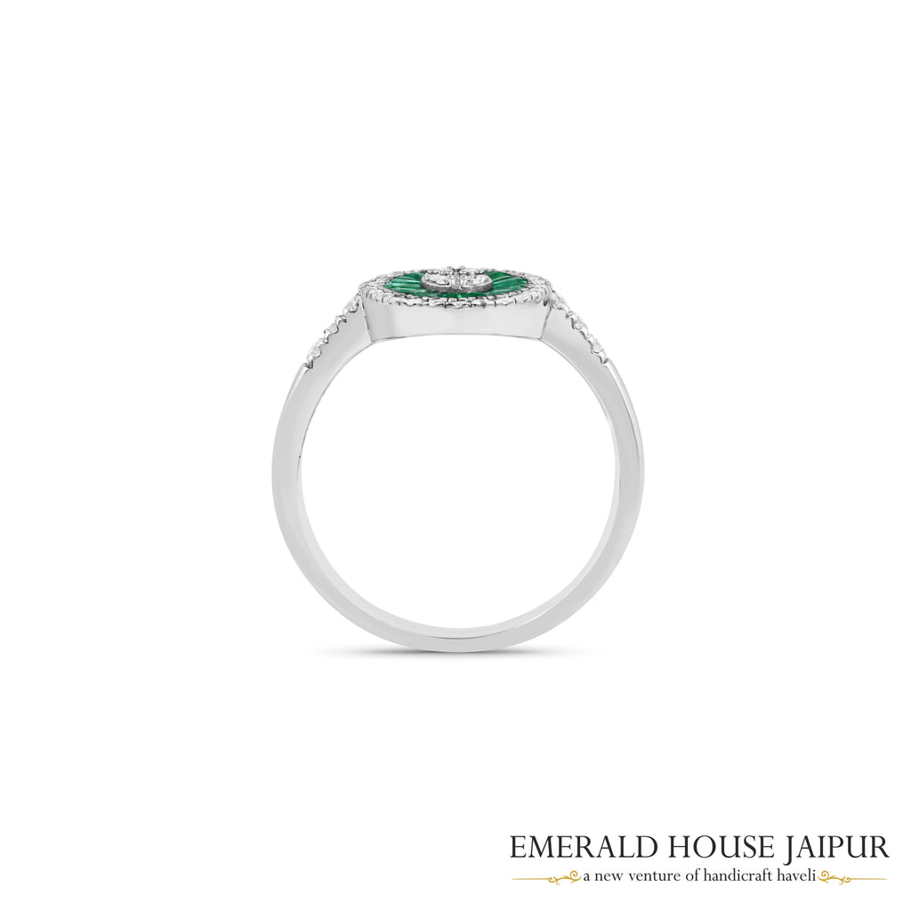 Baguette-Cut Diamond, Zambian Emerald & Round Brilliant-Cut Diamond Halo Ring in 18K White Gold