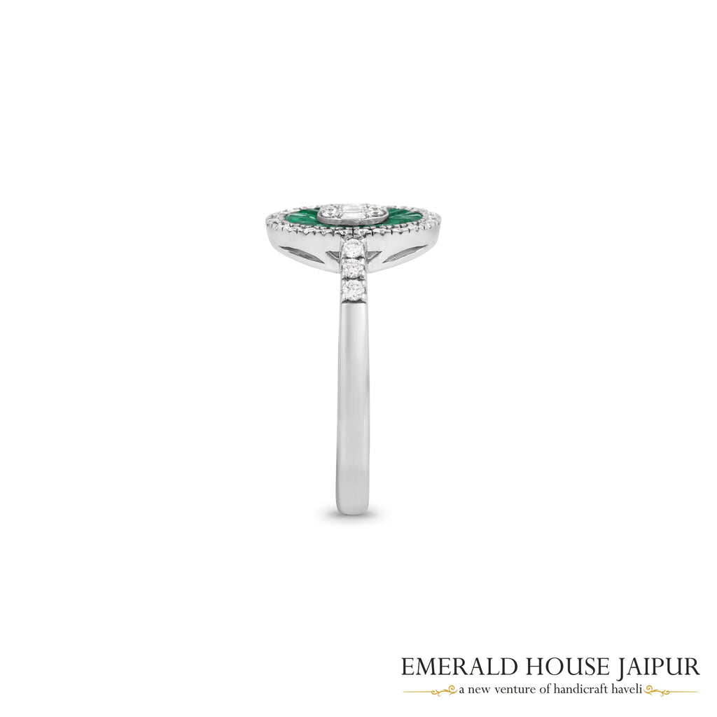 Baguette-Cut Diamond, Zambian Emerald & Round Brilliant-Cut Diamond Halo Ring in 18K White Gold