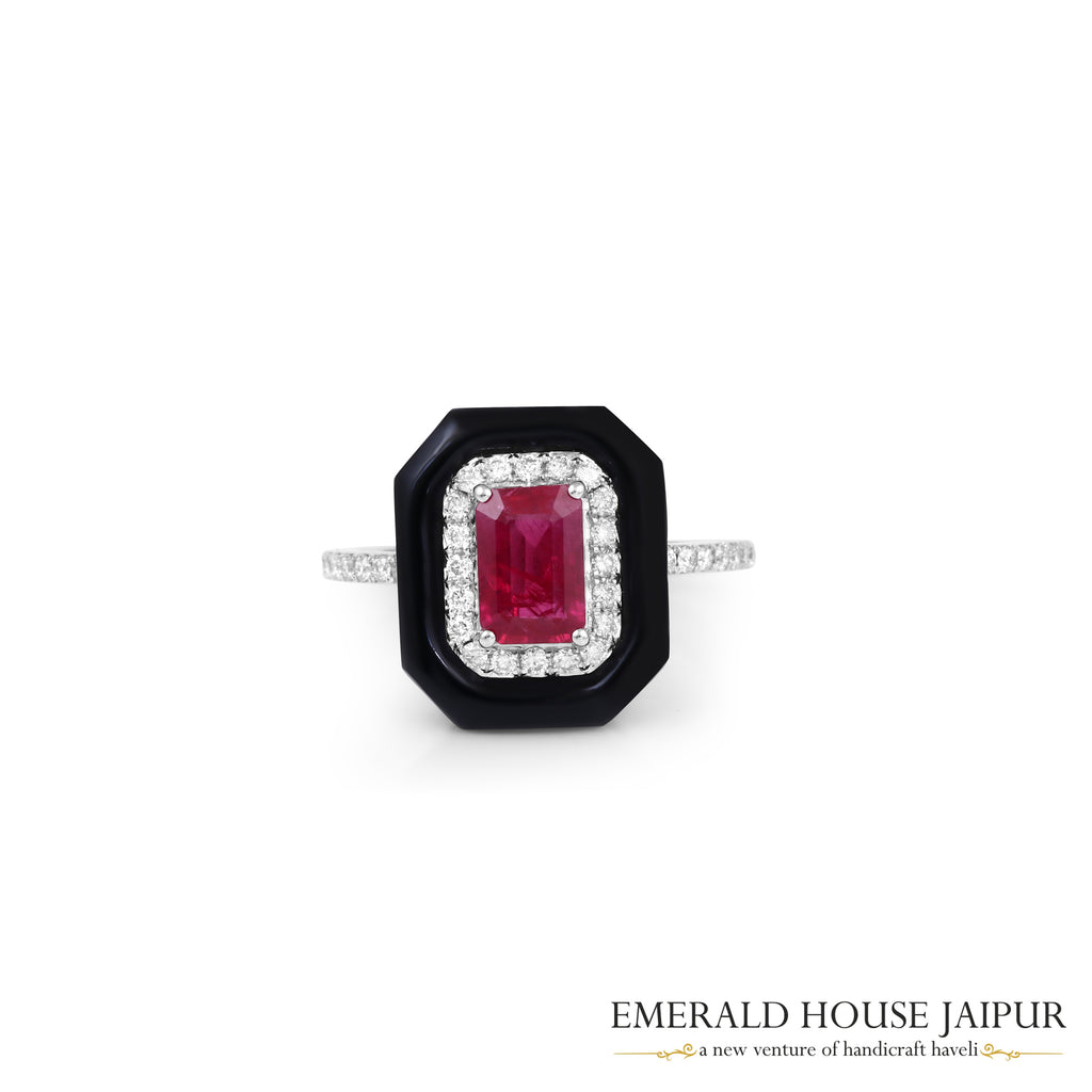 Emerald-Cut Ruby & Round Brilliant-Cut Diamond Halo Ring with Black Onyx Surround in 18K White Gold