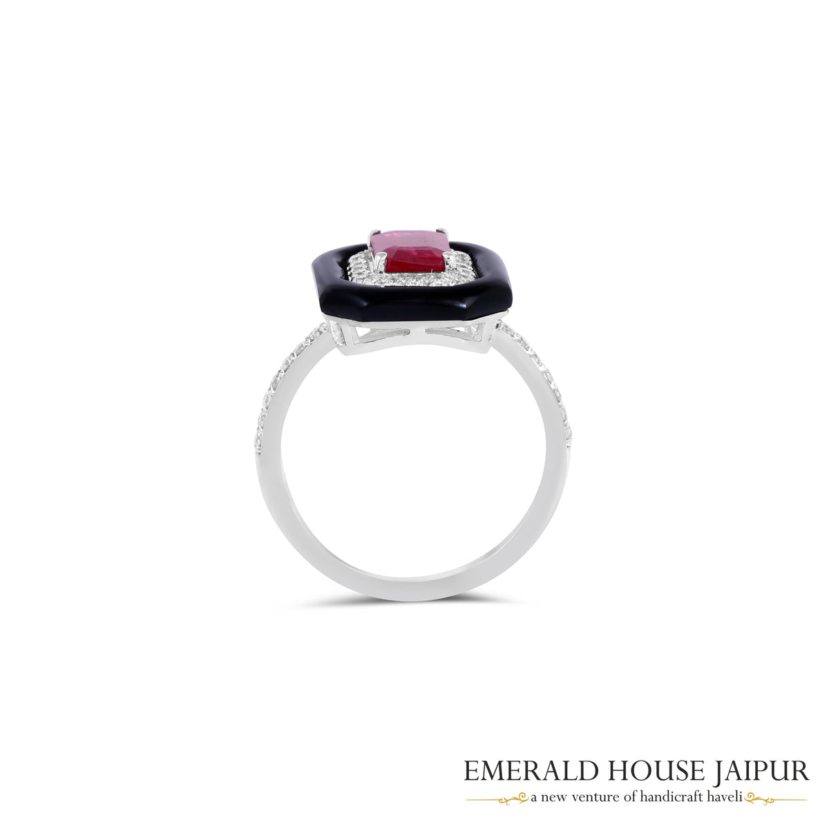 Emerald-Cut Ruby & Round Brilliant-Cut Diamond Halo Ring with Black Onyx Surround in 18K White Gold