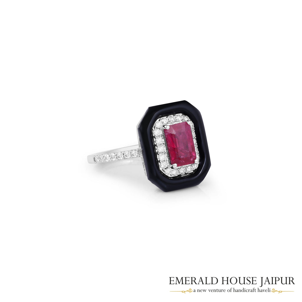 Emerald-Cut Ruby & Round Brilliant-Cut Diamond Halo Ring with Black Onyx Surround in 18K White Gold