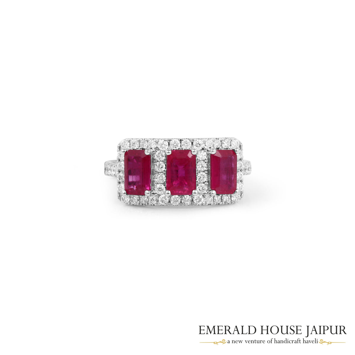 Emerald-Cut Ruby Three-Stone Diamond Ring in 18K White Gold