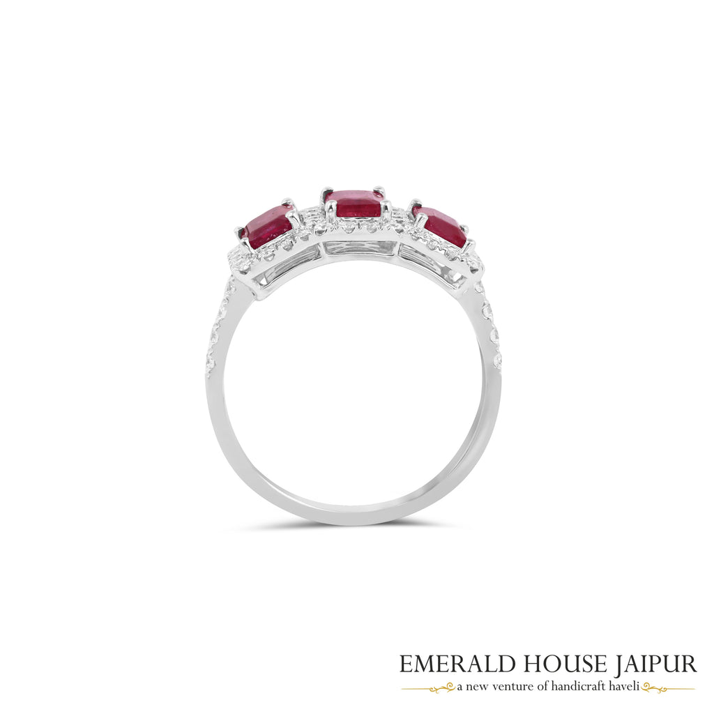 Emerald-Cut Ruby Three-Stone Diamond Ring in 18K White Gold