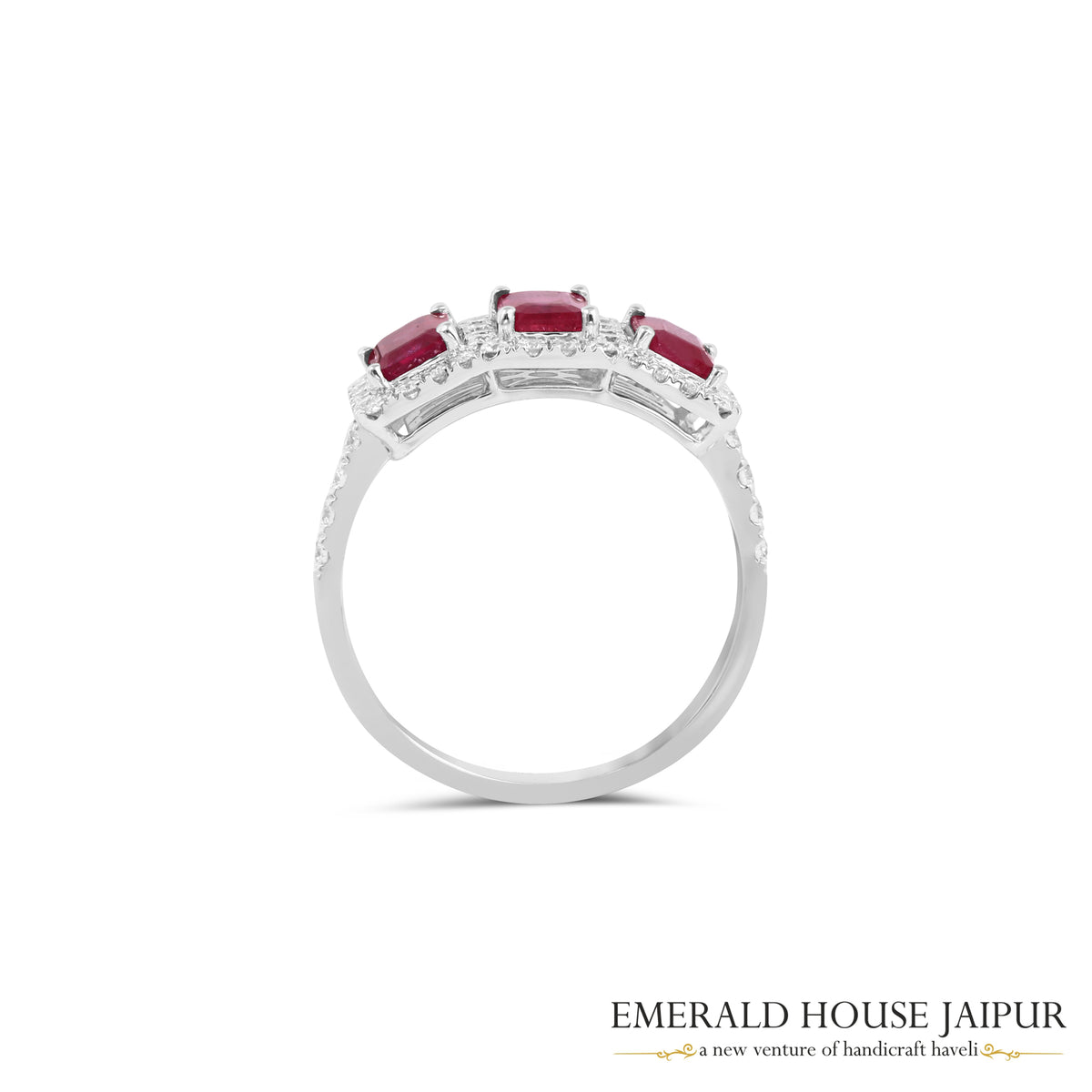 Emerald-Cut Ruby Three-Stone Diamond Ring in 18K White Gold