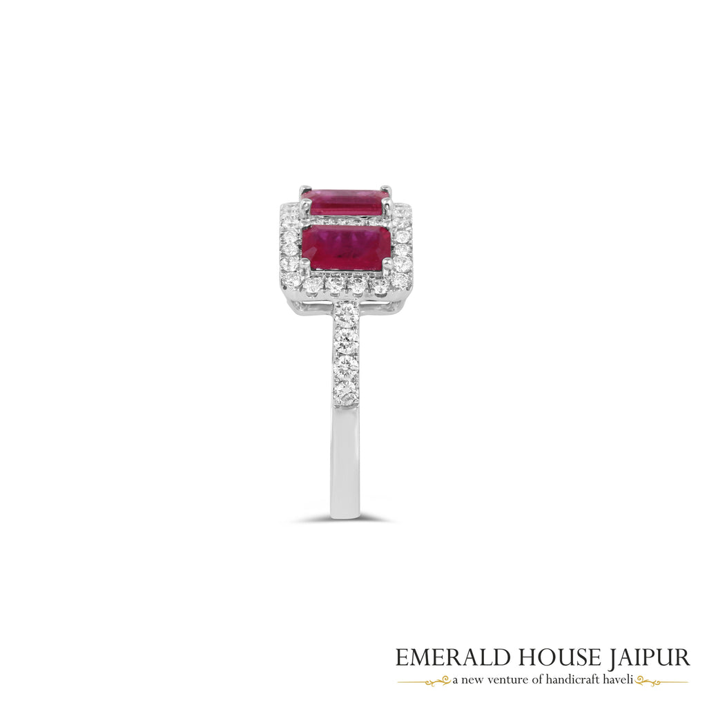 Emerald-Cut Ruby Three-Stone Diamond Ring in 18K White Gold