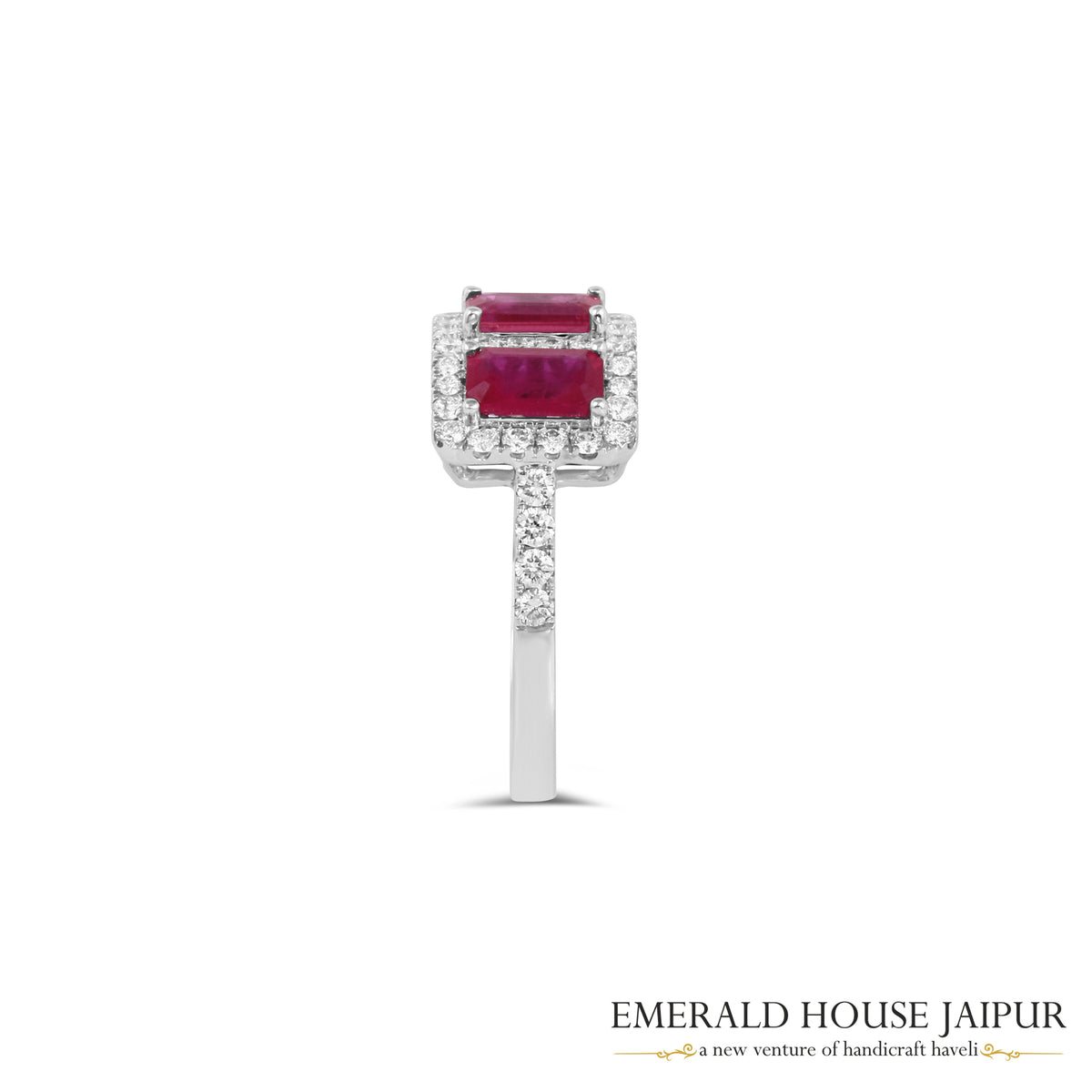 Emerald-Cut Ruby Three-Stone Diamond Ring in 18K White Gold