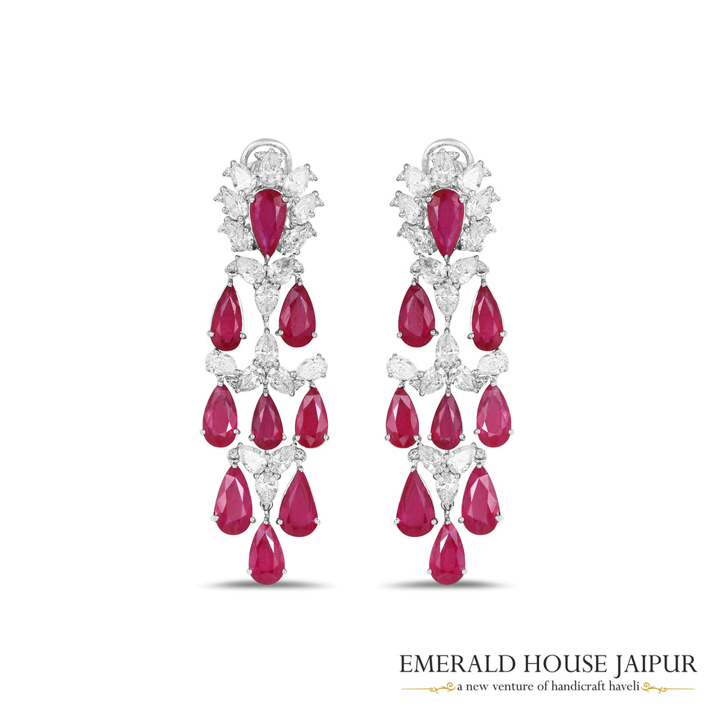 Pear-Cut Ruby & Pear-Cut Diamond Floral Drop Earrings in 18K White Gold