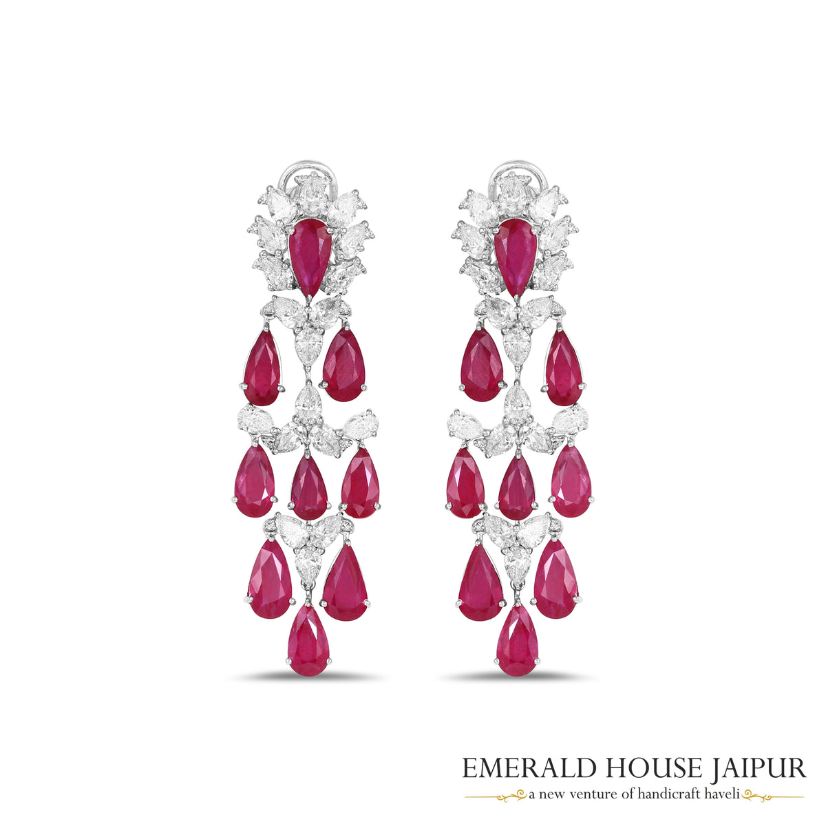Pear-Cut Ruby & Pear-Cut Diamond Floral Drop Earrings in 18K White Gold
