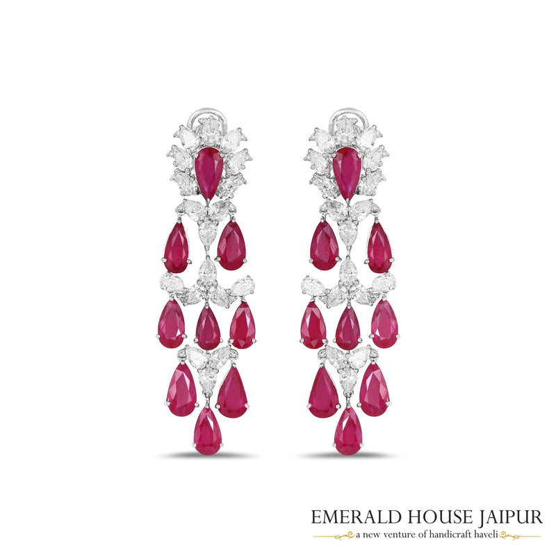 Pear-Cut Ruby & Pear-Cut Diamond Floral Drop Earrings in 18K White Gold