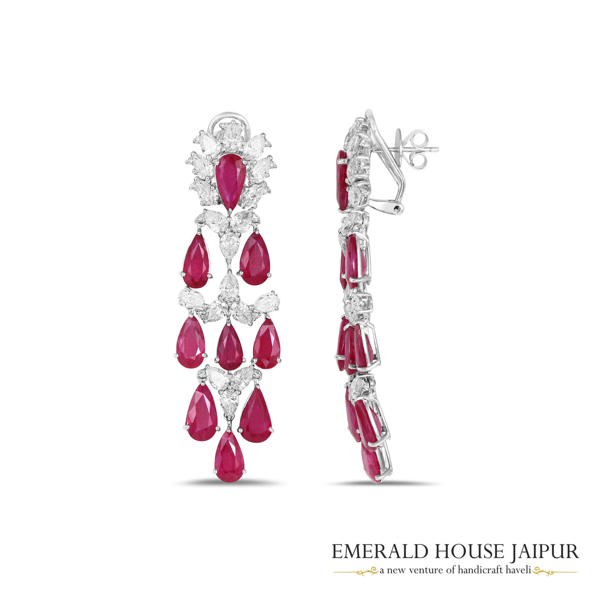Pear-Cut Ruby & Pear-Cut Diamond Floral Drop Earrings in 18K White Gold