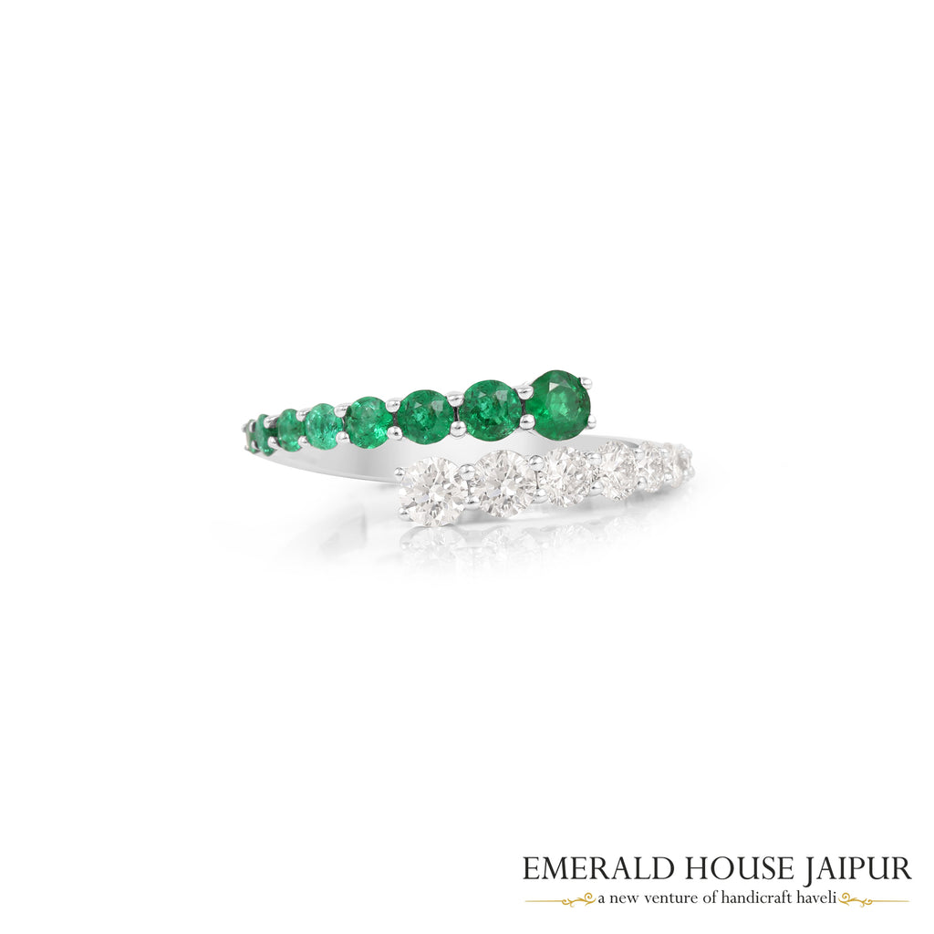Round-Cut Zambian Emerald & Round Brilliant-Cut Diamond Half-Band Ring in 18K White Gold