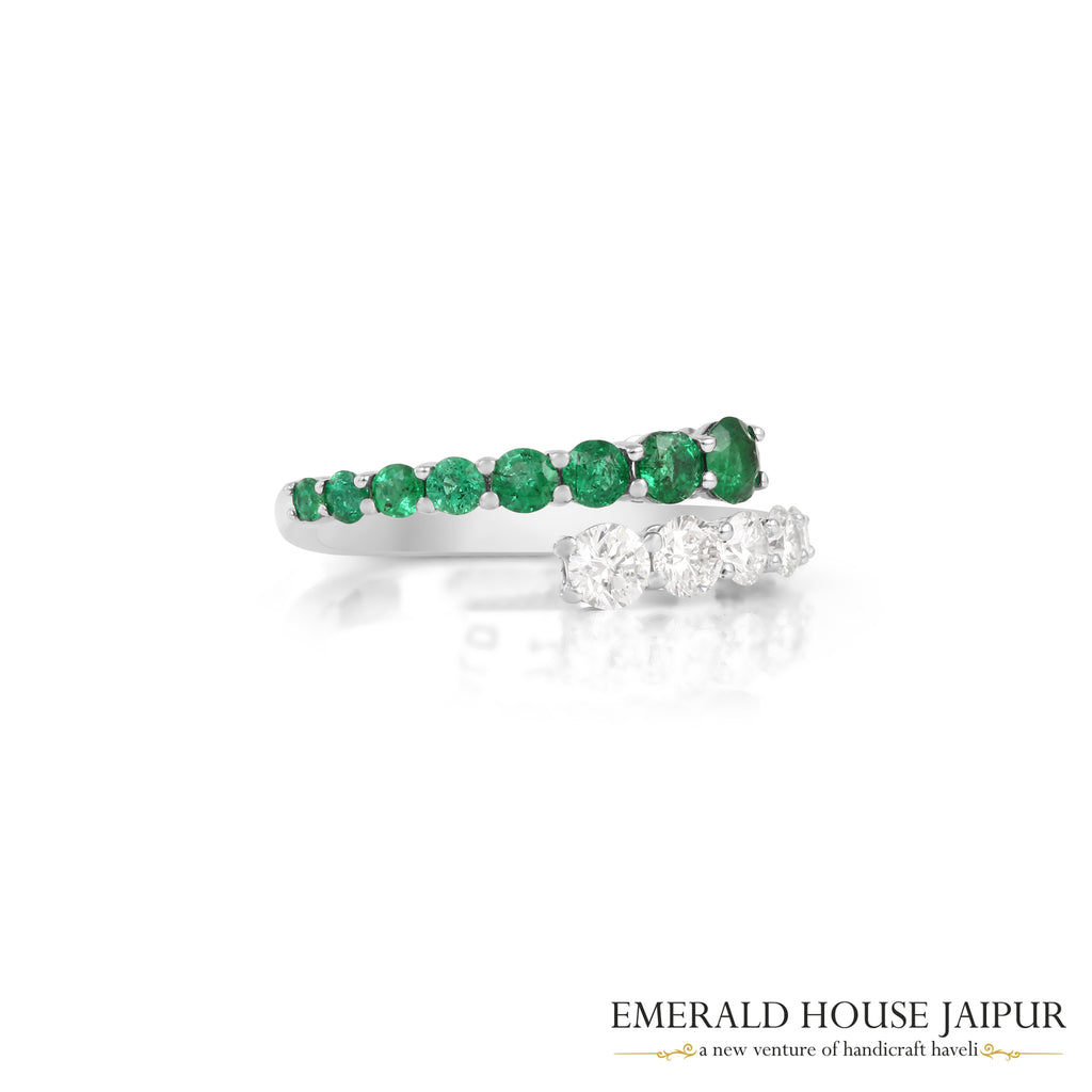 Round-Cut Zambian Emerald & Round Brilliant-Cut Diamond Half-Band Ring in 18K White Gold