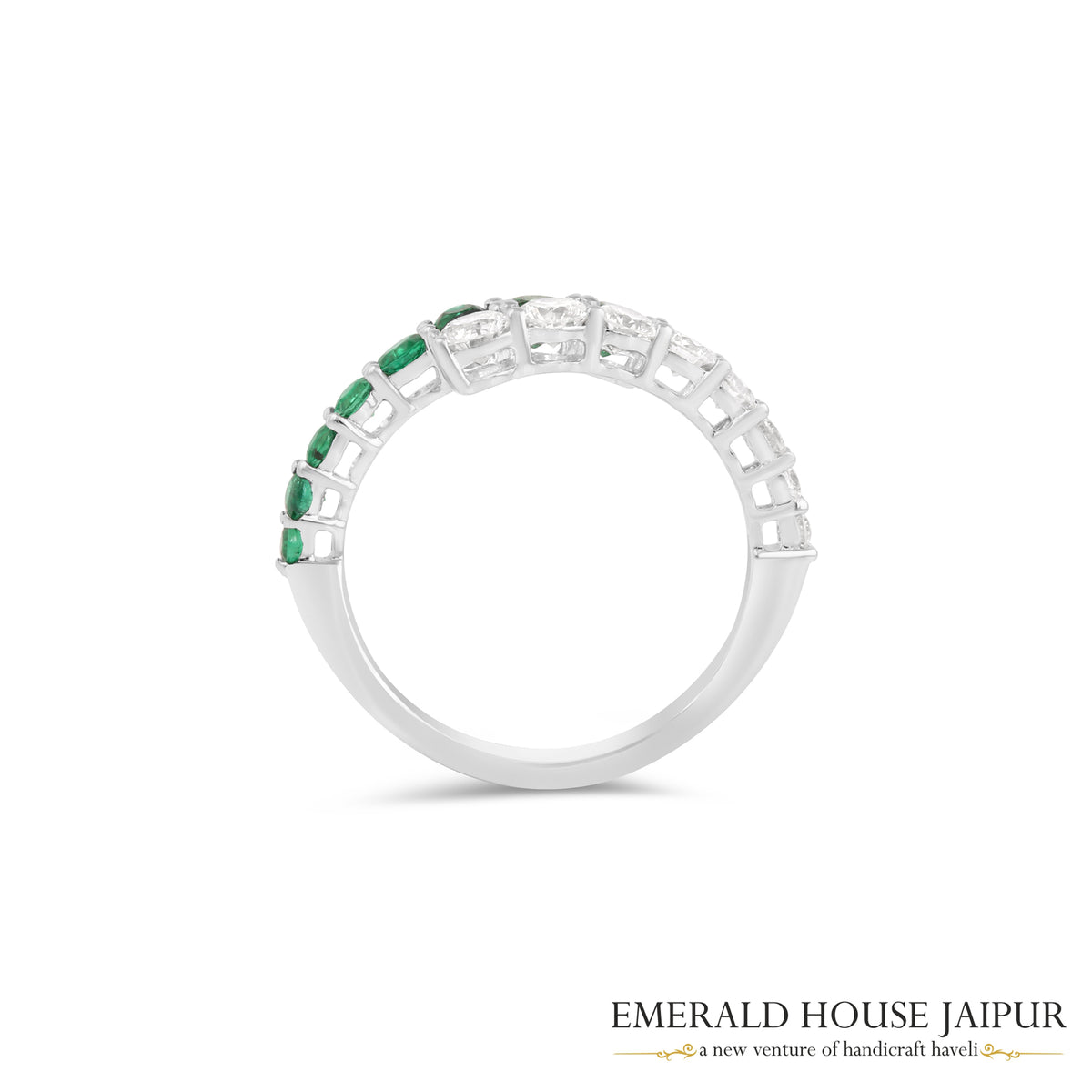 Round-Cut Zambian Emerald & Round Brilliant-Cut Diamond Half-Band Ring in 18K White Gold