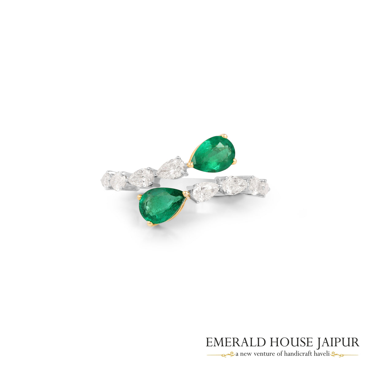 Pear-Cut Zambian Emerald & Pear-Cut Diamond Toi et Moi Ring in 18K White & Yellow Gold